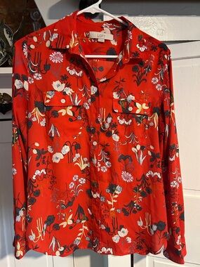 LOFT Red Floral Button-Front Shirt
